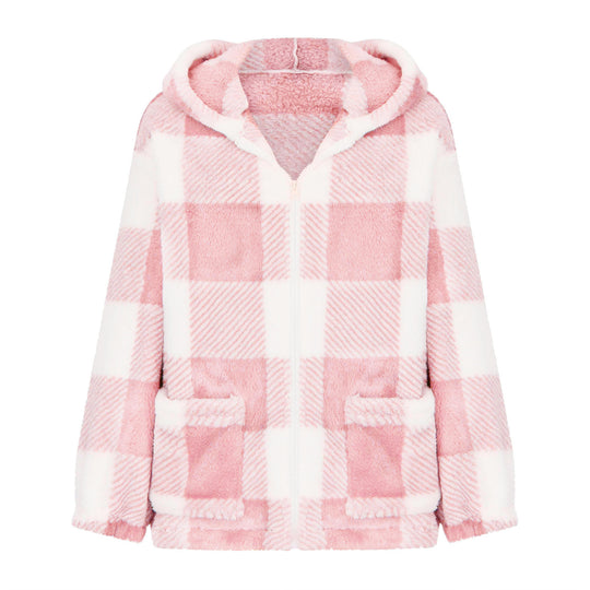 Damen nan dicke Karo-Teddyjacke mit Kapuze, Frontreißverschluss und aufgesetzten Taschen Shop Nory