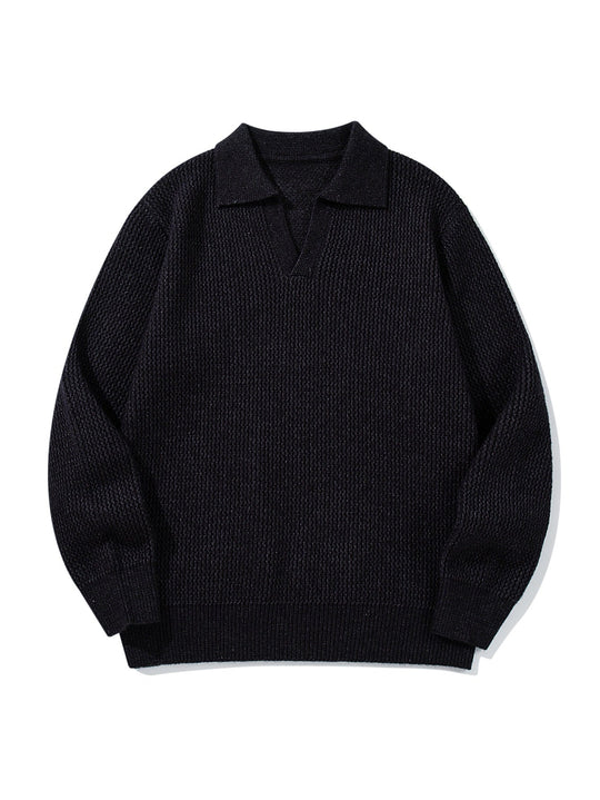 Herren Grobgestrickter Polokragen-Pullover mit V‑Ausschnitt und Rippenbündchen Shop Nory