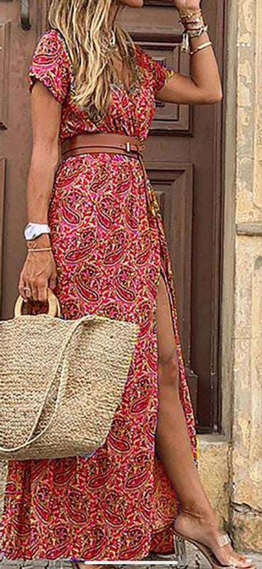 Damen Maxikleid mit seitlichem Schlitz und V-Ausschnitt Shopnory