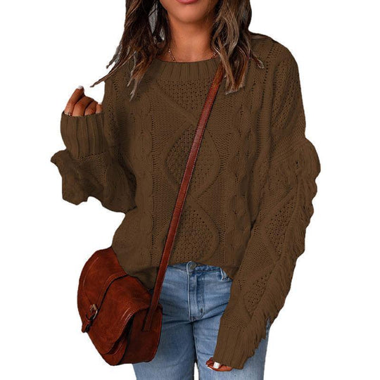 Damen Grobstrick-Pullover mit Zopfstruktur, fransigen Ärmeln und legerer Oversize-Passform Shop Nory