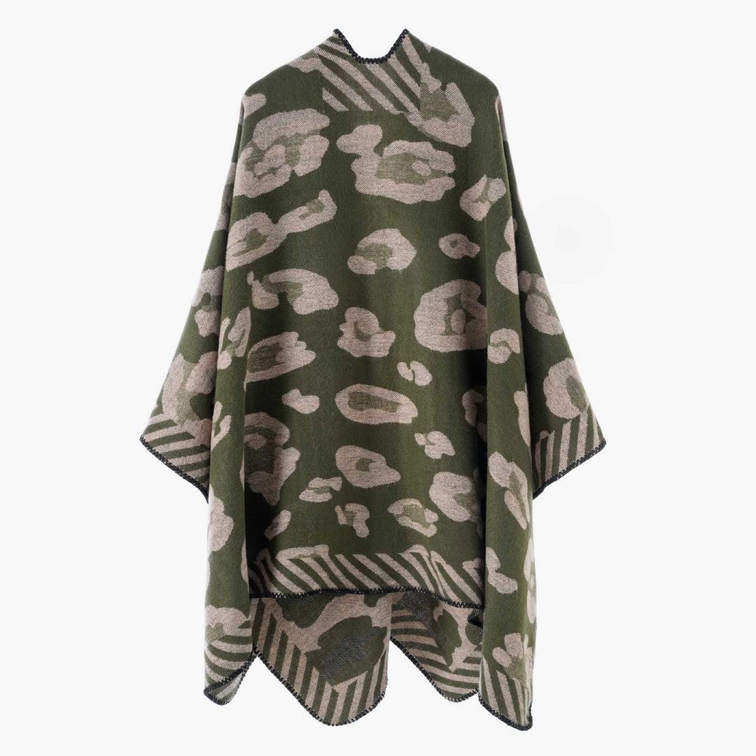 Damen Grobstrick‑Wollcape im Überwurf mit abstraktem Leomuster und Zierkante Shop Nory