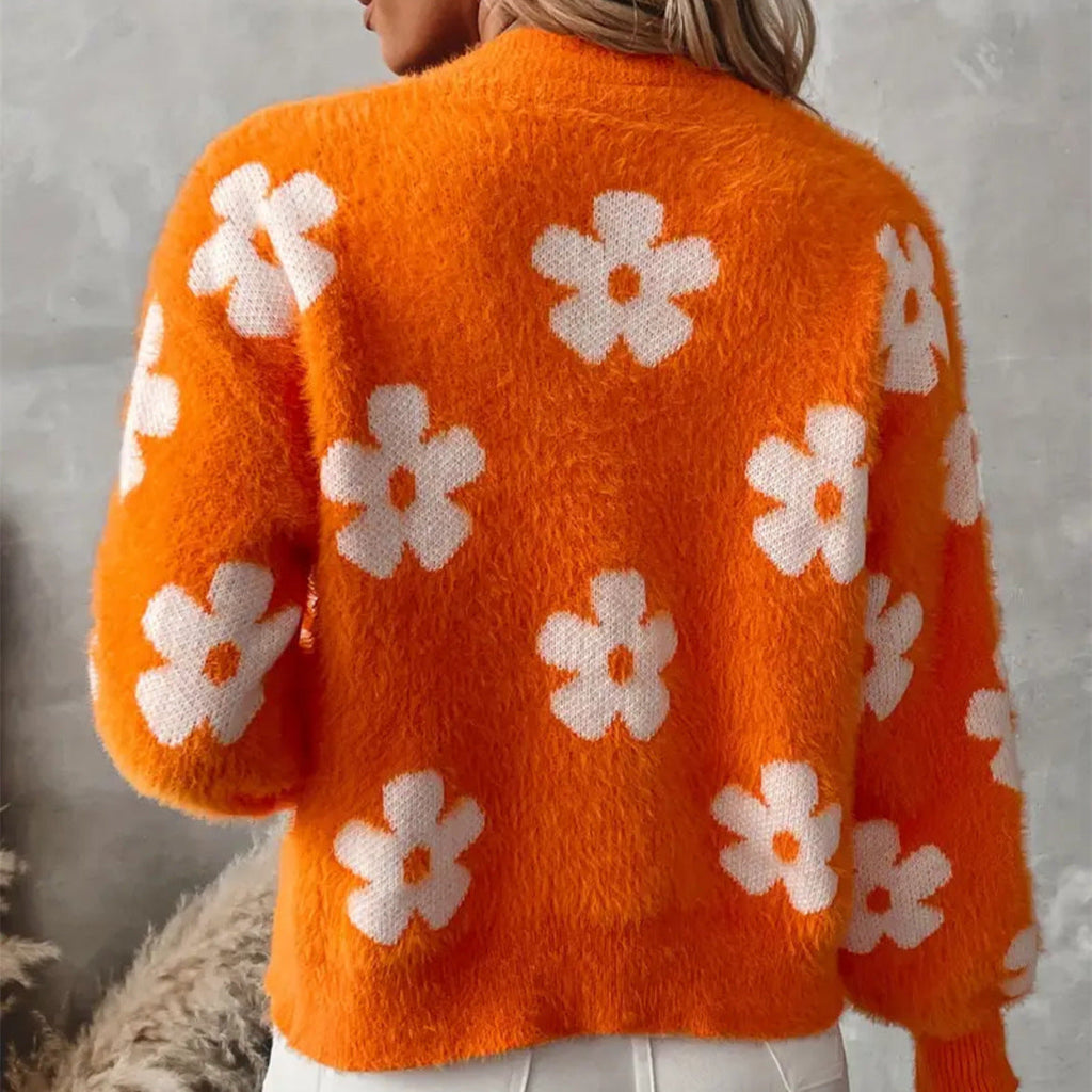 Damen Flauschiger Cardigan mit Blumenmuster
