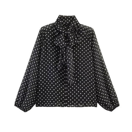 Damen Polka-Dot Bluse mit hohem Stehkragen, gerafftem Ausschnitt und Ballonärmeln Shop Nory