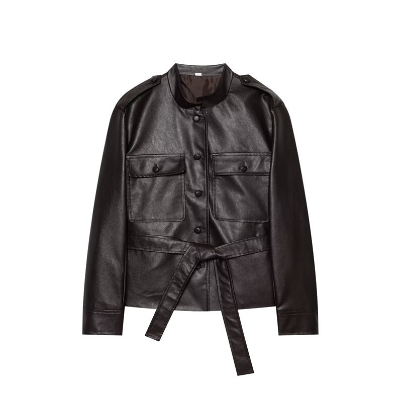 Damen Taillierter Kunstleder-Safari-Blouson mit Bindegürtel und Pattentaschen Shop Nory