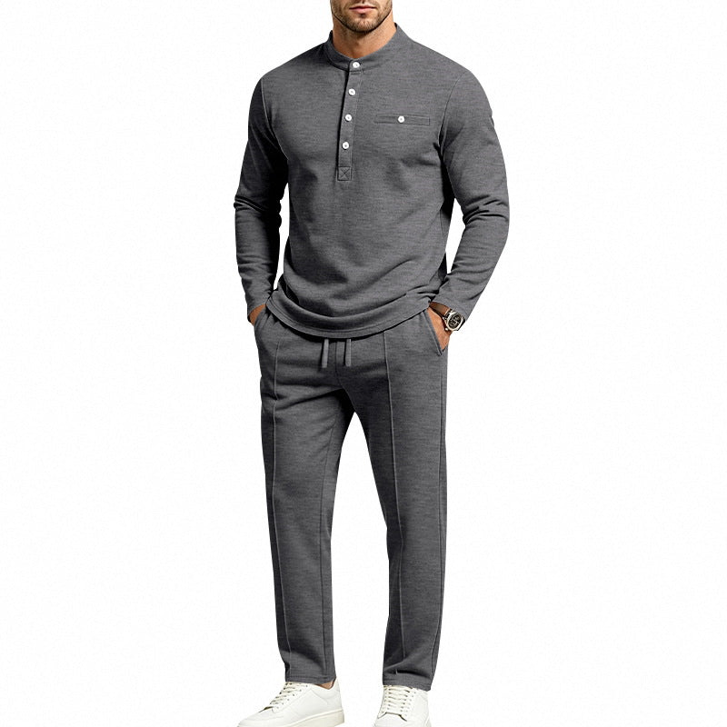 Herren Zweiteiliges Freizeitset mit Henley-Langarmshirt, Stehkragen und Komfort-Jogginghose Shop Nory