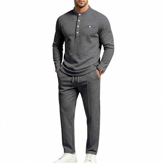 Herren Zweiteiliges Freizeitset mit Henley-Langarmshirt, Stehkragen und Komfort-Jogginghose Shop Nory
