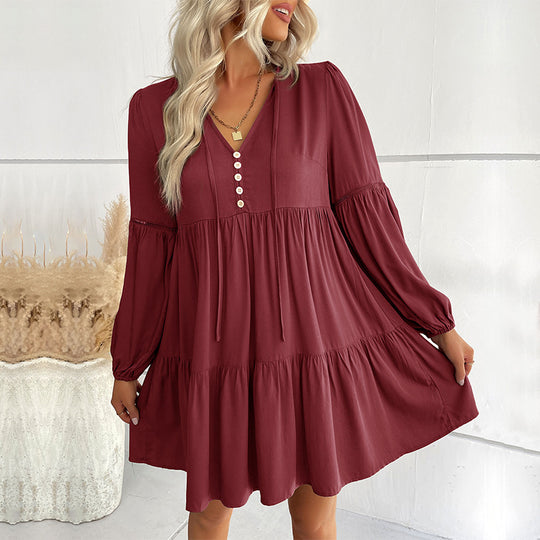 Damen Weiches Stufen-Minikleid mit V-Ausschnitt, Knopfleiste und Ballonärmeln Shop Nory