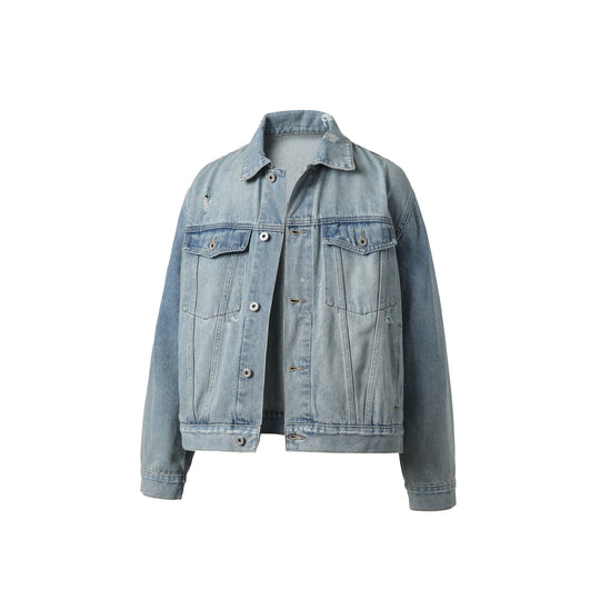 Unisex Oversized Jeansblouson mit Used‑Look, kastigem Schnitt und Brustklappen Shop Nory