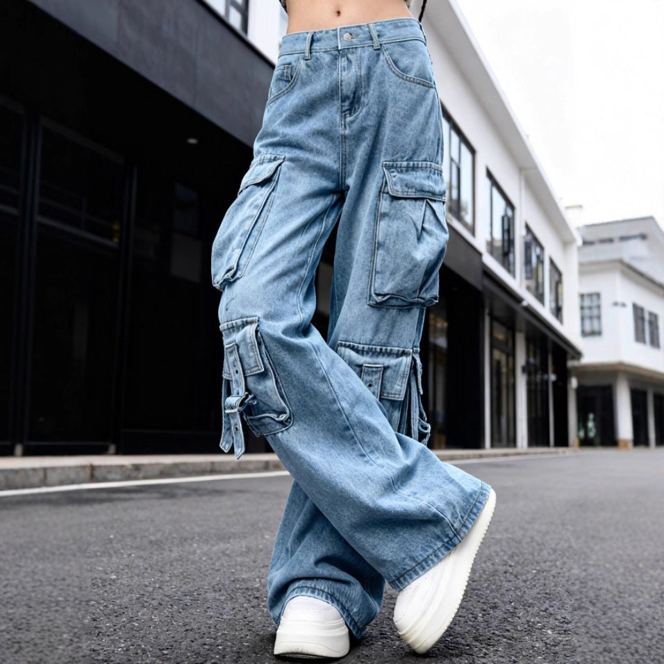 Damen Weite Cargo-Jeanshose mit mehreren aufgesetzten Taschen und Utility-Details Shop Nory
