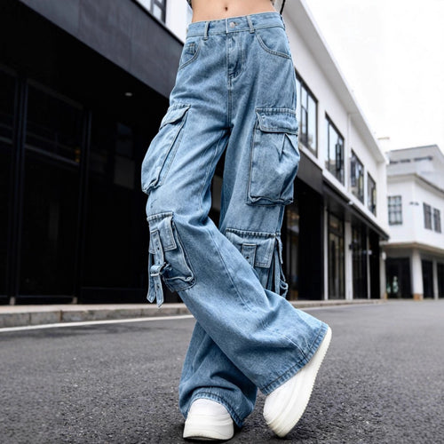 Damen Weite Cargo-Jeanshose mit mehreren aufgesetzten Taschen und Utility-Details Shop Nory