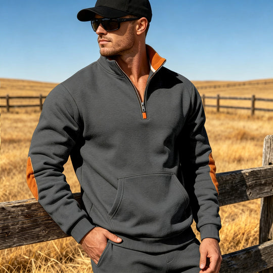 Herren Athletisches Halbzip-Sweatshirt mit Ellenbogenpatches und Kängurutasche Shop Nory