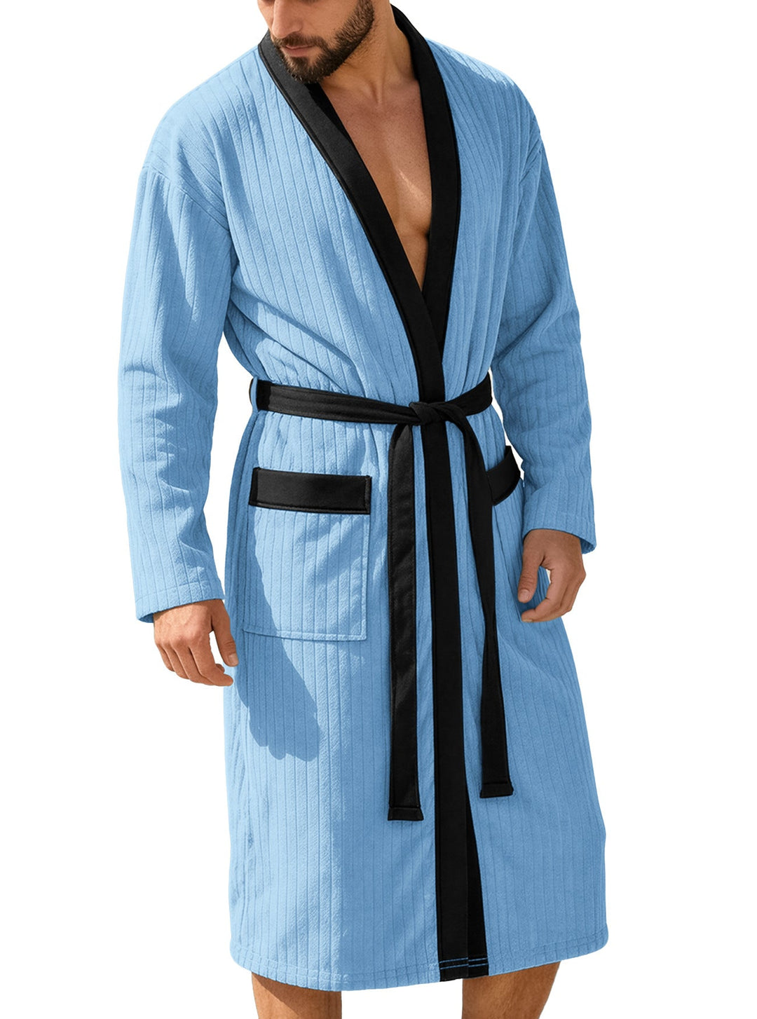 Herren nan wadenlanger Rippen-Bademantel im Kimono-Stil mit Schalkragen und Kontrastpaspel