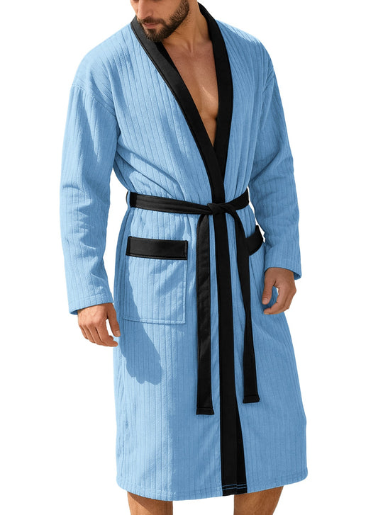 Herren nan wadenlanger Rippen-Bademantel im Kimono-Stil mit Schalkragen und Kontrastpaspel