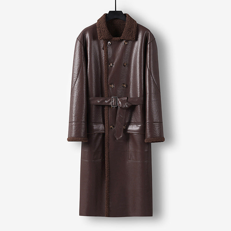 Herren Maxilanger Lederimitat-Mantel mit Teddyfutter, doppelreihiger Knopfleiste und Taillengürtel Shop Nory