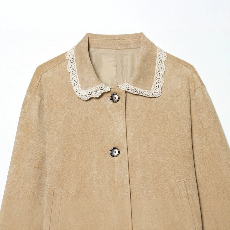 Damen Cropped-Veloursjacke mit Spitzkragen und Spitzenmanschetten Shop Nory