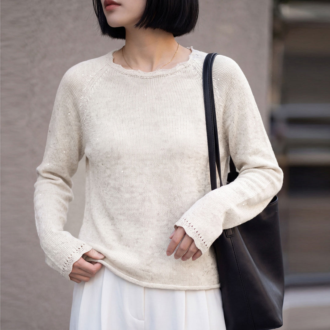 Damen leichter Feinstrickpullover mit dezenter Glitzeroptik und Raglanärmeln Shop Nory