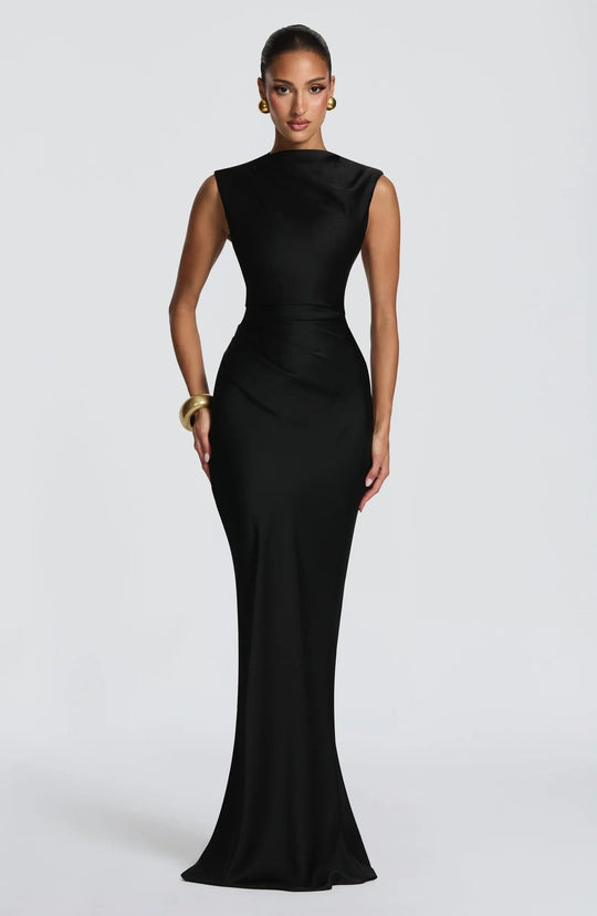 Damen Elegantes Maxikleid mit asymmetrischem Ausschnitt und raffinierten Drapierungen Shopnory