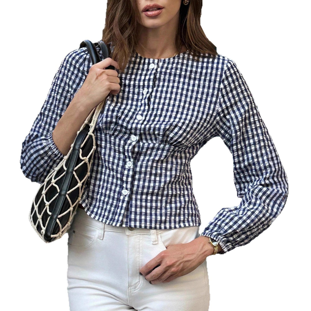 Damen Kariertes Blusenoberteil mit taillierter Smok-Passform und Knopfleiste Shop Nory