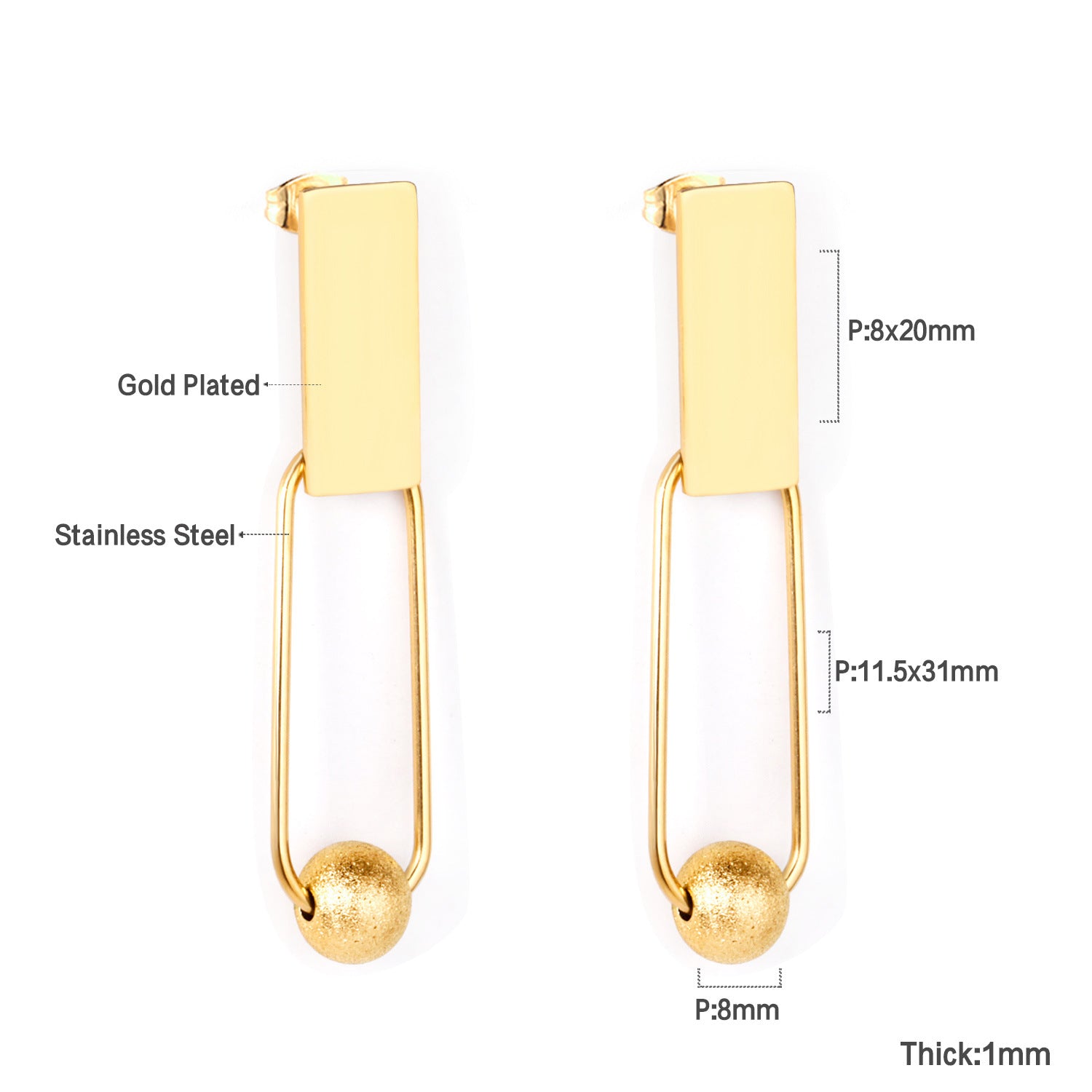 Damen Ohrringe mit elegantem, doppellagigem Rechteckdesign aus Edelstahl und goldplattierter Oberfläche Shop Nory