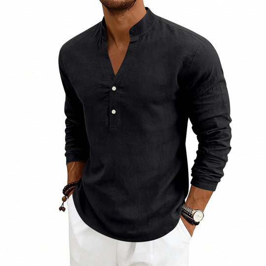 Herren Casual-Langarmhemd aus Leinen mit Stehkragen und kurzer Knopfleiste Shop Nory