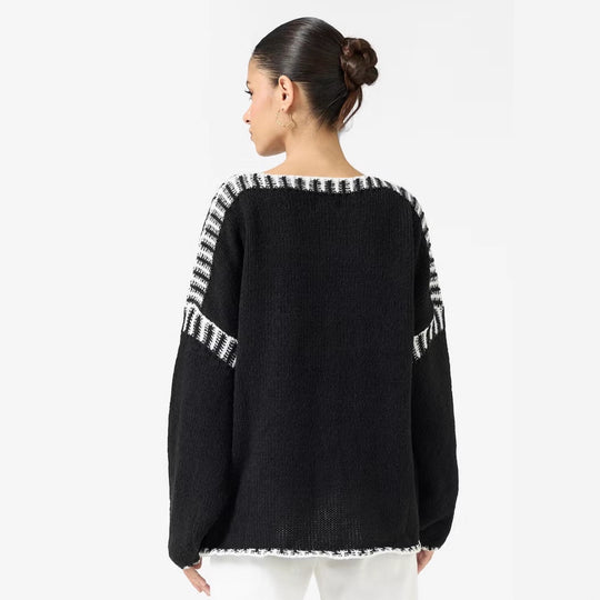 Damen Oversize Grobstrickpullover mit Kontraststreifen an Schultern und Saum Shop Nory