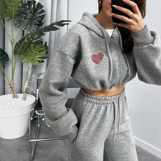 Damen Cropped Kapuzenpullover und hohe Taille Wide-Leg Jogginghose Set Shop Nory
