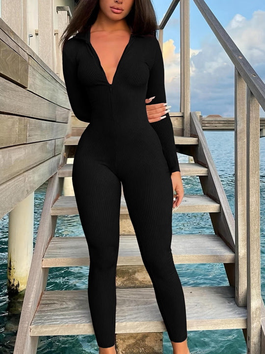 Damen Figurbetonter Rippstrick Jumpsuit mit Reißverschluss und Hemdkragen Shop Nory