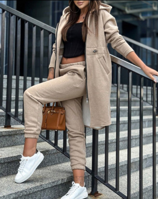 Damen Kapuzenmantel und High-Waist Jogginghose Lounge-Set Shop Nory