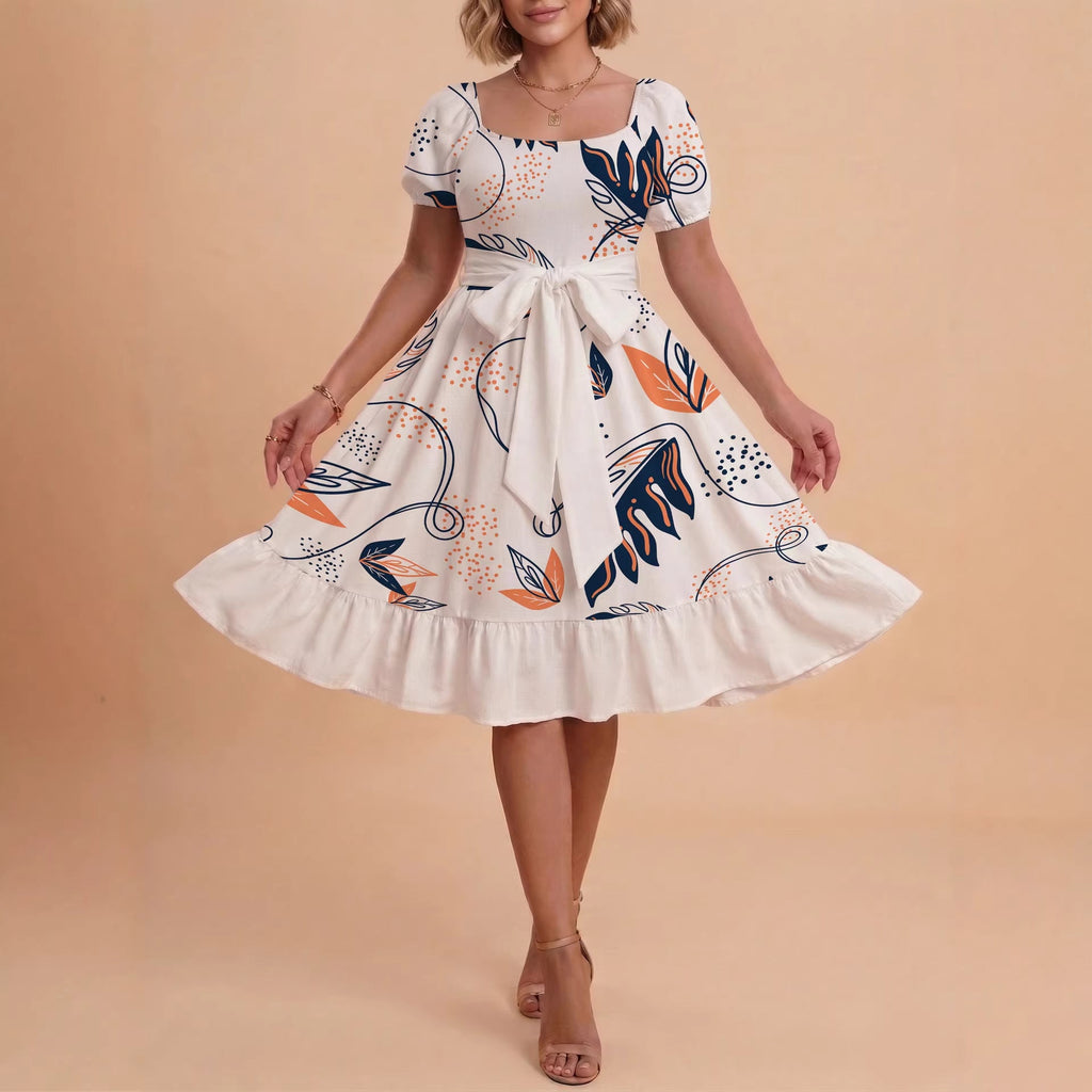 Damen Sommerliches Blumenkleid mit taillierbarem Gürtel und voluminösen Ärmeln