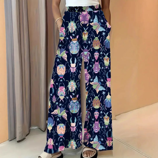 Damen Weite Palazzo-Hose mit elastischem Bund und auffälligem Käferprint Shop Nory