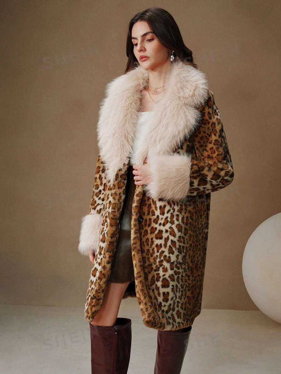 Damen Midilanger Kunstpelzmantel mit kontrastierendem Hochflor‑Schalkragen und Leopardenprint Shop Nory