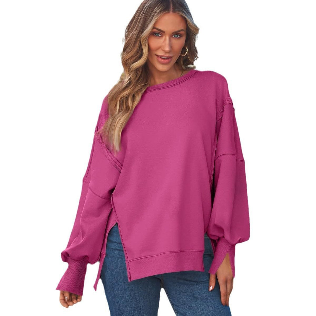 Damen Weiches Longline-Sweatshirt mit Ballonärmeln, seitlichen Schlitzen und geripptem Saum Shop Nory