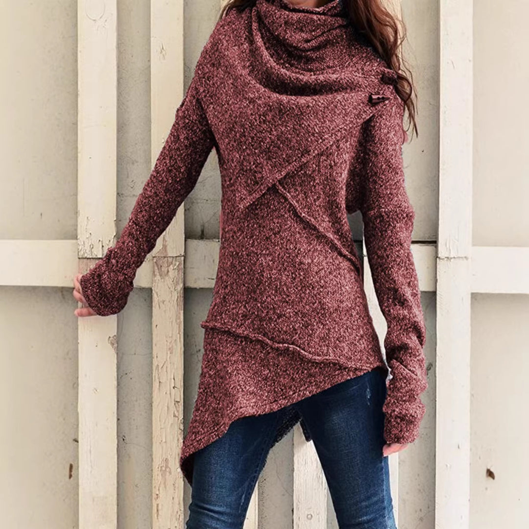 Damen asymmetrischer Boucle-Strickpullover mit großem Schalfkragen Shop Nory
