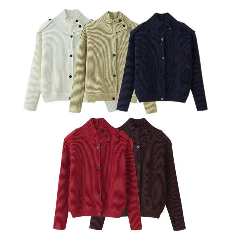 Damen Gerippter Strickcardigan mit Stehkragen und Schulterknopf-Detail Shop Nory
