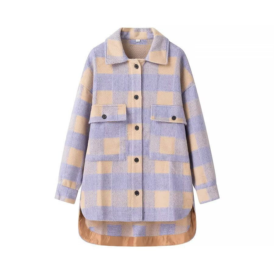 Damen Oversized Hemdjacke im Karo mit großen Pattentaschen und gerundetem Saum Shop Nory