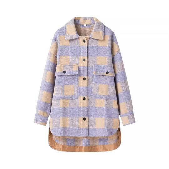 Damen Oversized Hemdjacke im Karo mit großen Pattentaschen und gerundetem Saum Shop Nory