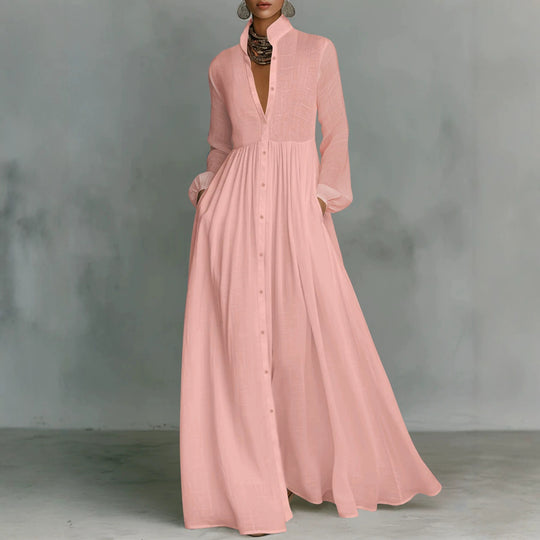 Damen Maxikleid mit Stehkragen, durchgehender Knopfleiste, taillenhoher Raffung und Eingrifftaschen Shop Nory