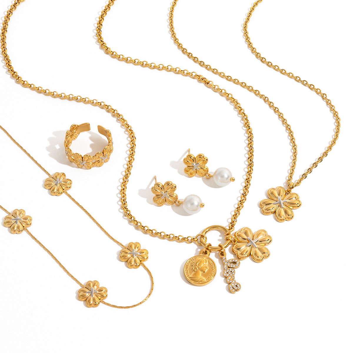 Damen Halskette mit floralen Anhängern aus hypoallergenem Edelstahl Shop Nory