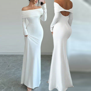 Damen Elegantes Off-Shoulder-Maxikleid mit figurbetontem Schnitt und langen Ärmeln