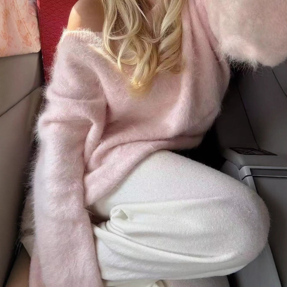 Damen Oversized Strickpullover mit weitem Boatneck, Raglanärmeln und weicher Fluffy-Optik Shop Nory
