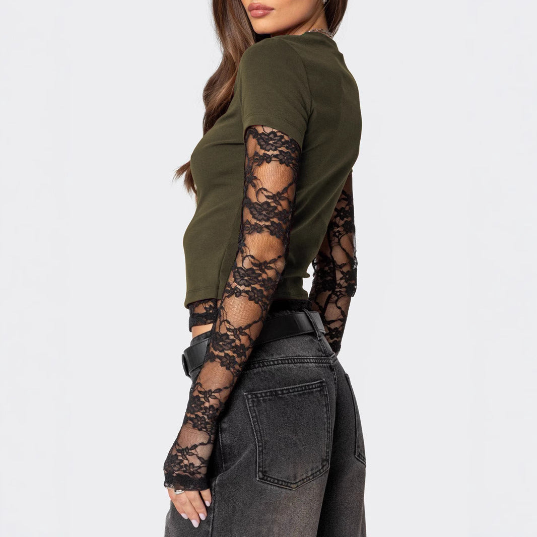 Damen Kurzshirt mit Spitzen-Ärmeln und Lagenoptik Shop Nory