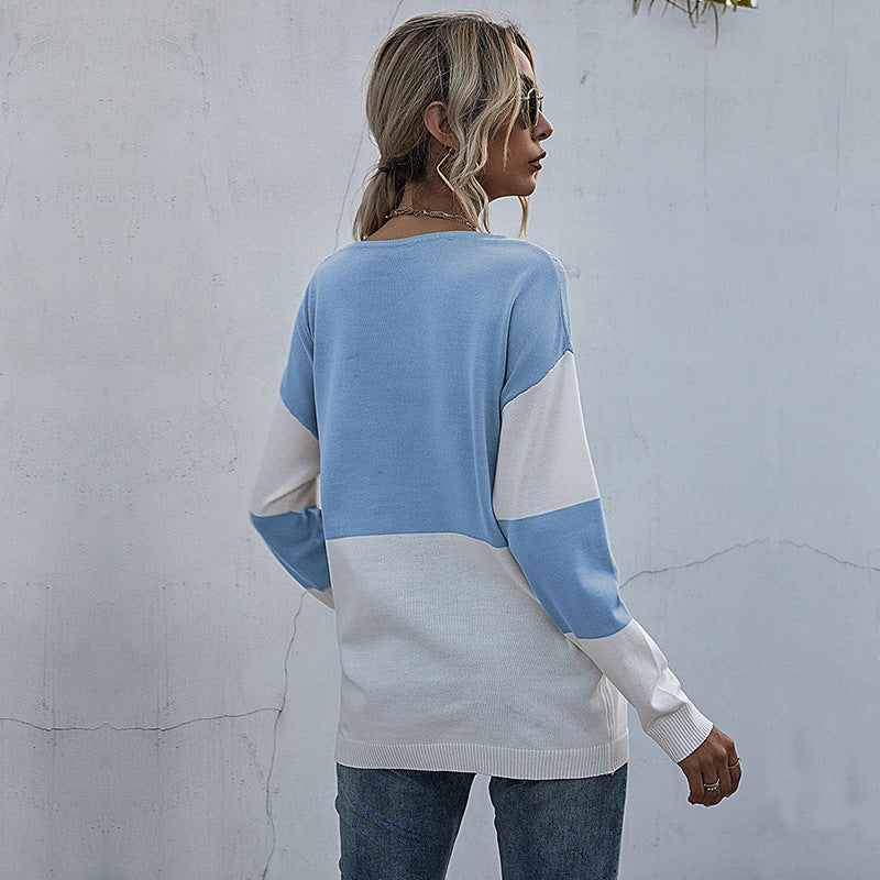 Damen Lässiger Strickpullover mit V-Ausschnitt und Farbblock Shop Nory