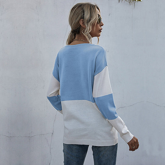 Damen Lässiger Strickpullover mit V-Ausschnitt und Farbblock Shop Nory