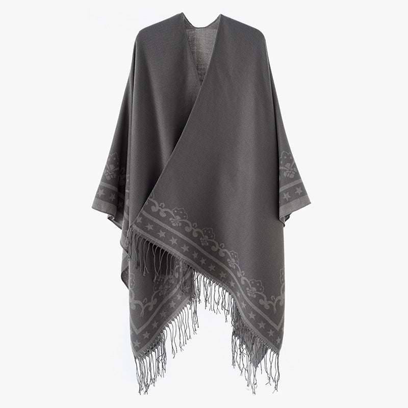 Damen Überwurfponcho aus Wollmix mit dezentem Jacquardbordüren‑Muster und Fransensaum Shop Nory