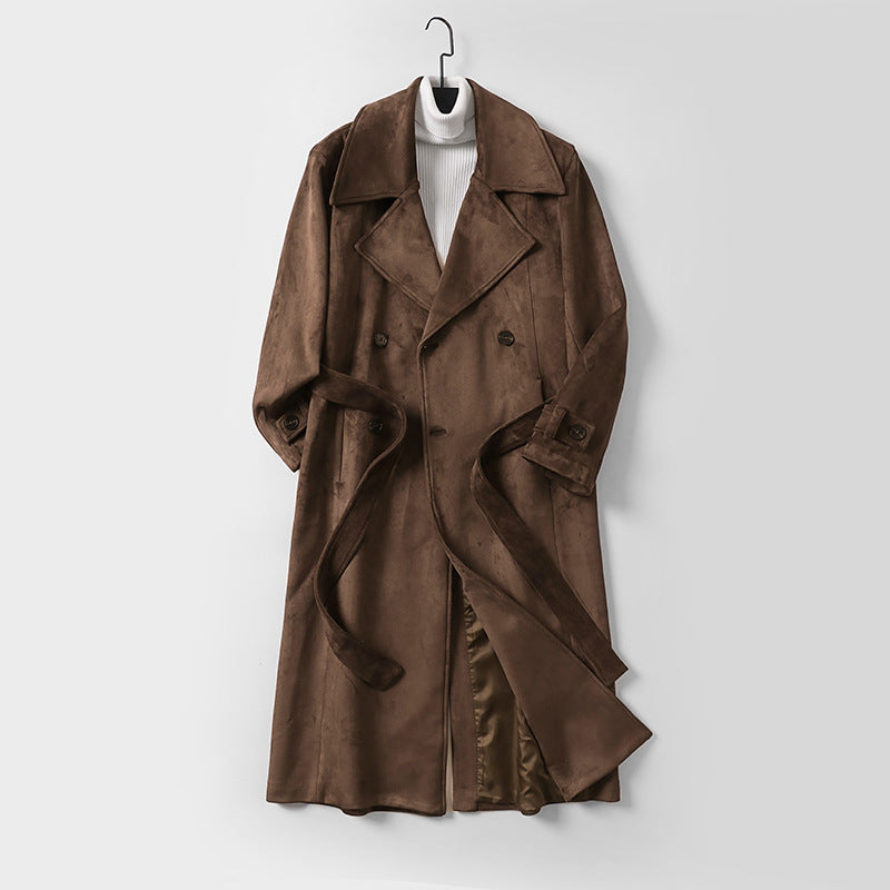 Herren Maxilanger Trenchcoat aus Velourslederoptik mit Doppelreihe und Taillenband Shop Nory
