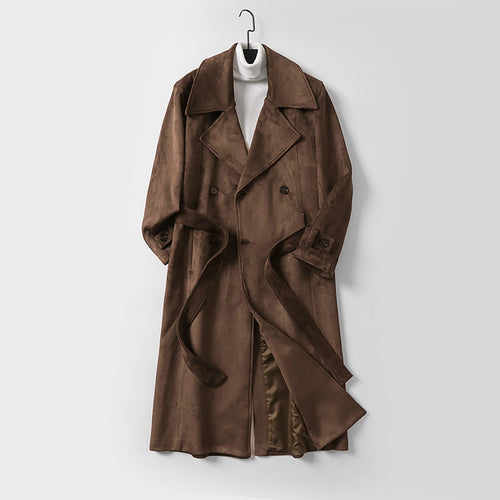 Herren Maxilanger Trenchcoat aus Velourslederoptik mit Doppelreihe und Taillenband Shop Nory