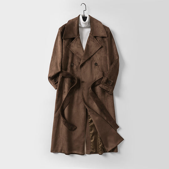 Herren Maxilanger Velours-Mantel im Trench-Look mit breitem Revers und Bindegürtel Shop Nory