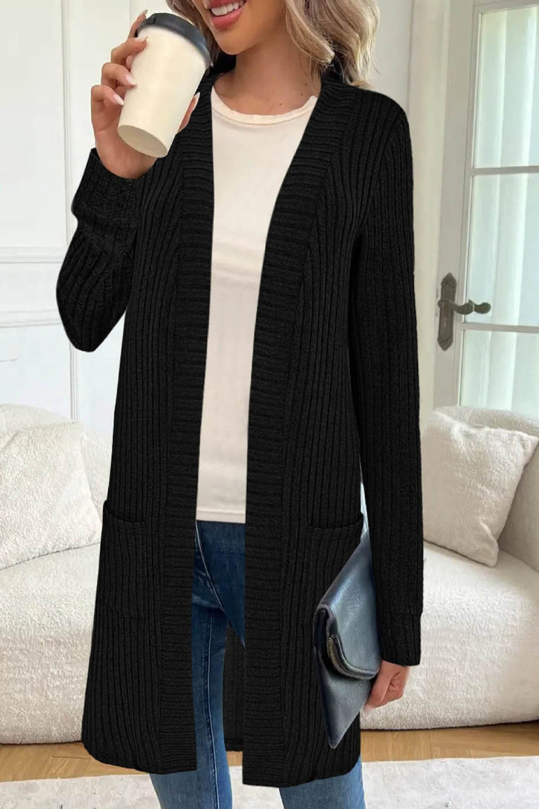 Damen Longline Rippstrick Cardigan mit Taschen Shop Nory