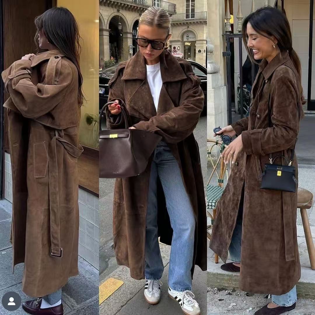 Damen Midilanger Oversize-Trenchcoat aus Veloursimitat mit doppelreihiger Knopfleiste, Schulterpatten und Bindegürtel Shop Nory