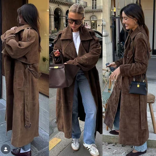 Damen Midilanger Oversize-Trenchcoat aus Veloursimitat mit doppelreihiger Knopfleiste, Schulterpatten und Bindegürtel Shop Nory